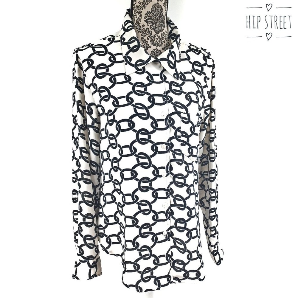 LARSEN GRAY LS Crepe Chiffon Button Front Chain Print Blouse Top L